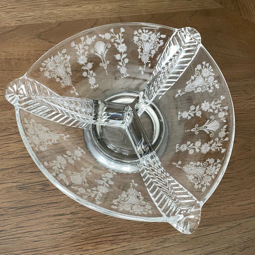 Duncan Miller Divided Glass Bowl Dish Three Feathers Sterling Silver Base Vtg